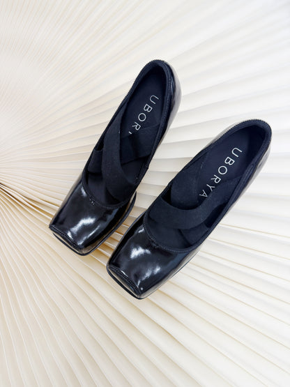 UBORYA Black Patent Square-Toe Wedge Pumps with Elastic Crisscross Straps – Architectural Heels for Women | Minimalist Avant-Garde Footwear | Sleek Power Wedges