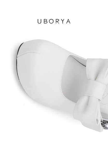 UBORYA White Bow Mary Jane Platform Heels – Sweet Kawaii Block Heel Shoes for Women | 8cm / 3.15in Chunky Heel | Oversized Bow & Buckle Detail | Round Toe Pumps