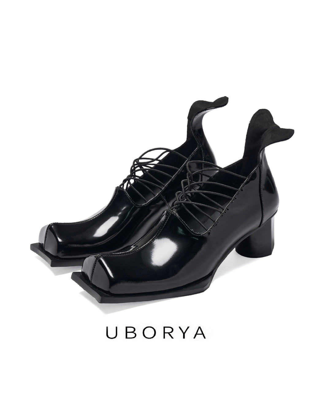 UBORYA Black Patent Leather Lace Up Pumps Angular Square Toe Block Heel Shoes