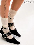 UBORYA Black Gothic Mary Jane Wedges Ruched Toe Buckle Ankle Strap 5cm Heel