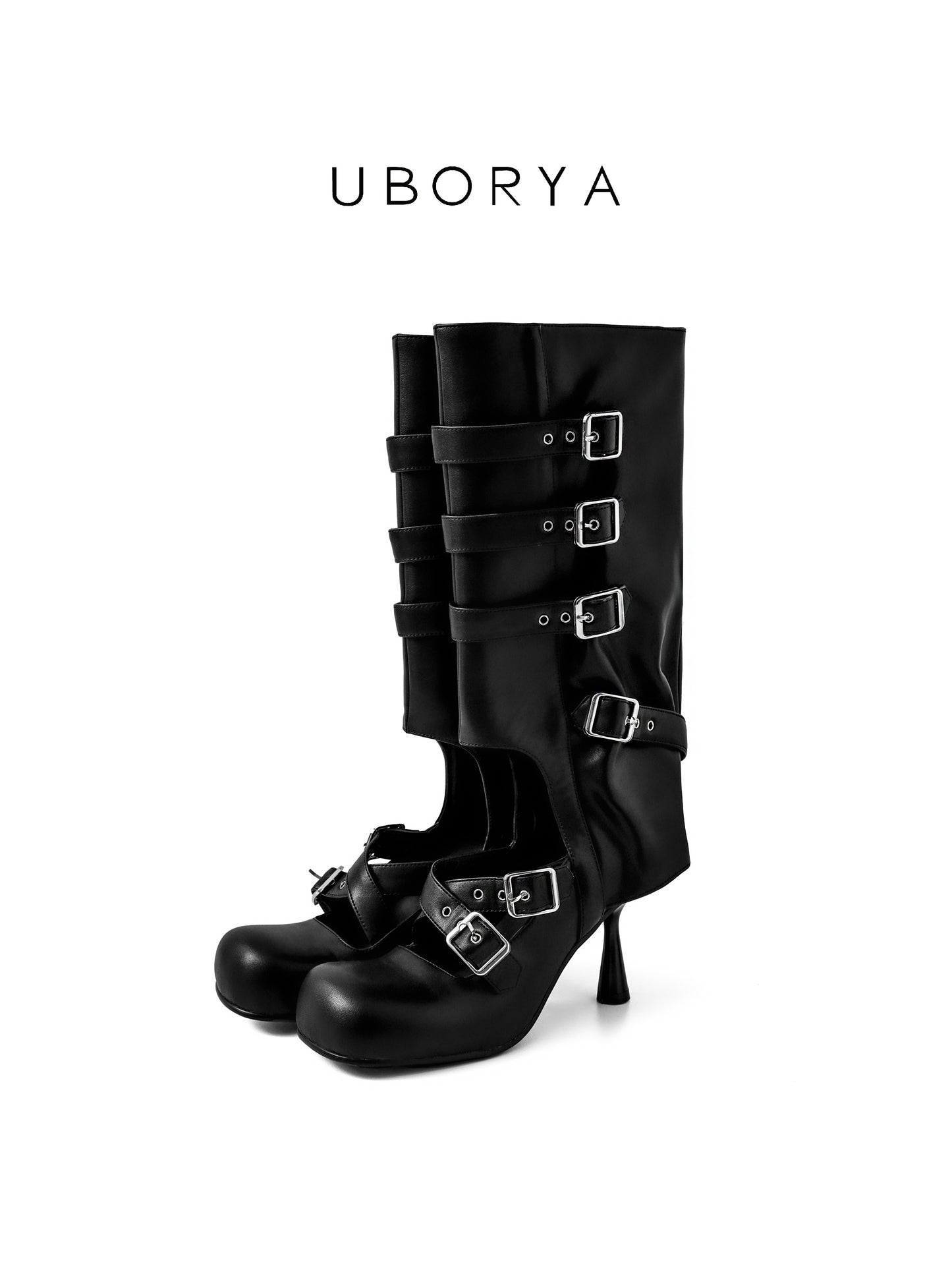 UBORYA Black Knee-High Buckle Boots with Sculpted Stiletto Heel – Multi-Strap Round Toe Boots for Women | Gothic Glam Punk Luxury Footwear | Avant-Garde Heeled Boots