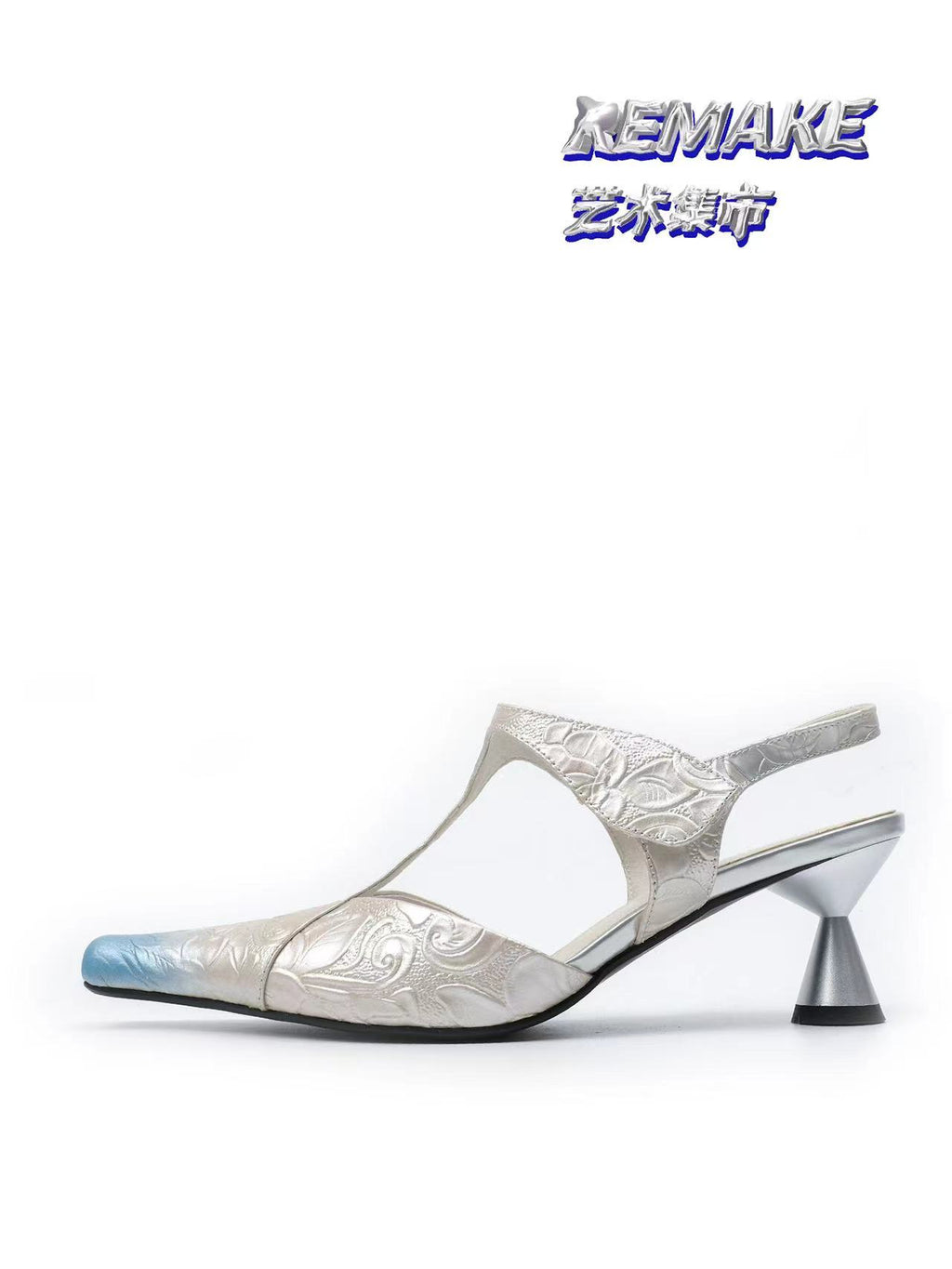 UBORYA Silver Floral Leather T Strap Slingbacks Blue Ombre Sculptural Kitten Heel
