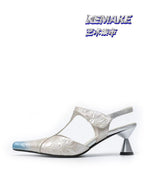 UBORYA Silver Floral Leather T Strap Slingbacks Blue Ombre Sculptural Kitten Heel