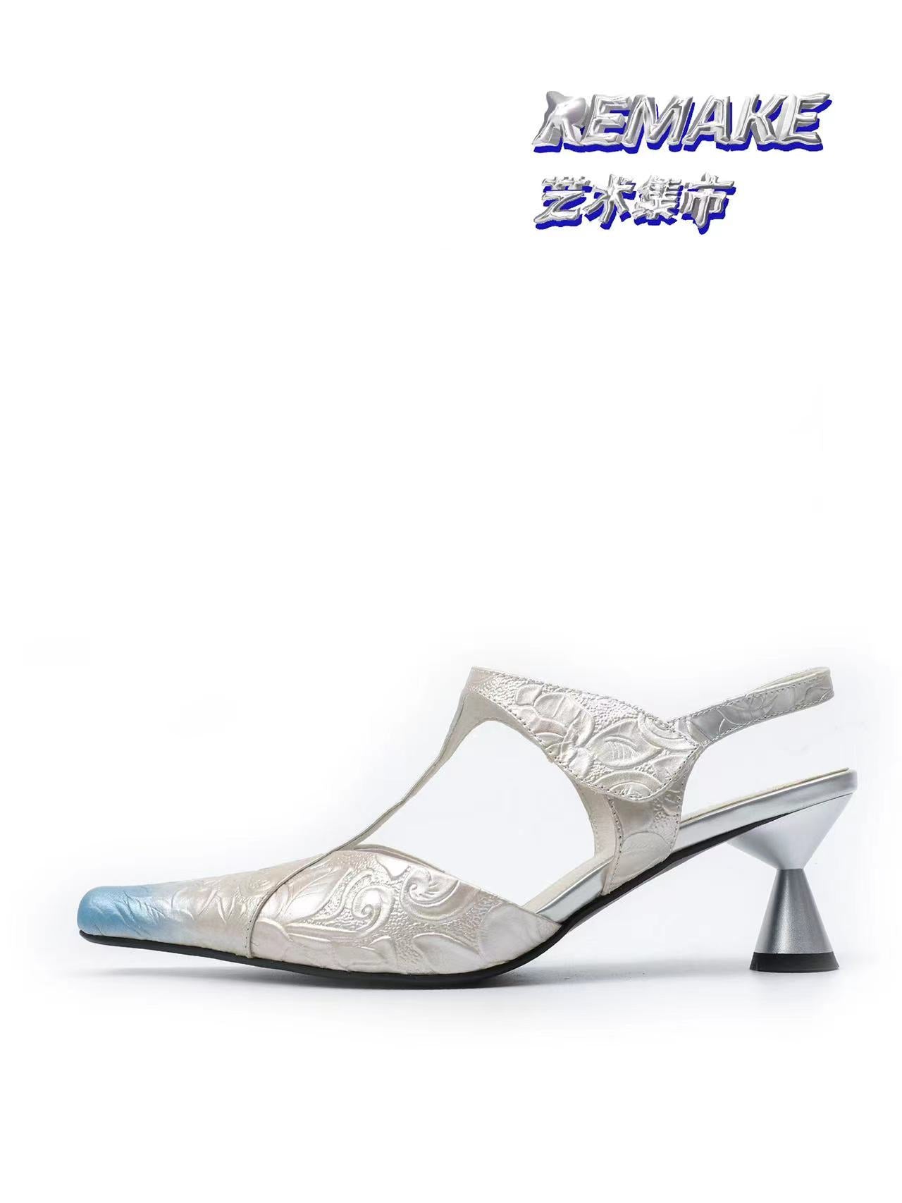 UBORYA Silver Floral Leather T Strap Slingbacks Blue Ombre Sculptural Kitten Heel