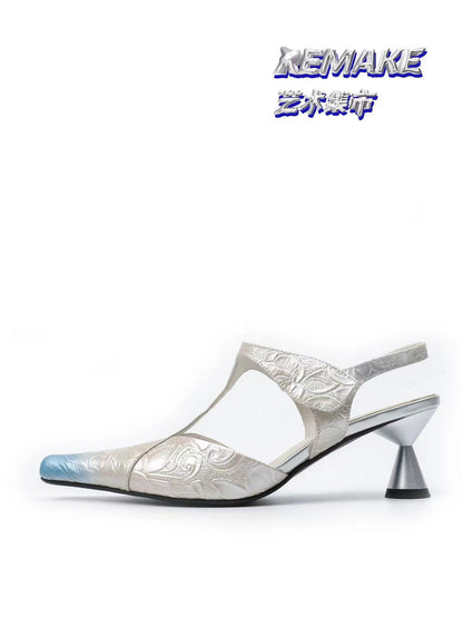 UBORYA Silver Floral Embossed Leather T-Strap Slingbacks - Blue Ombre Toe Sculptural Kitten Heel Sandals