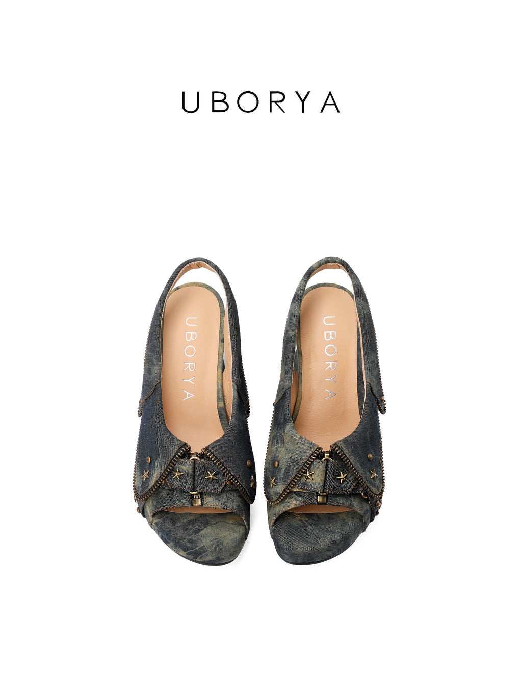 UBORYA Washed Denim Platform Slingback Heels with Star Studs