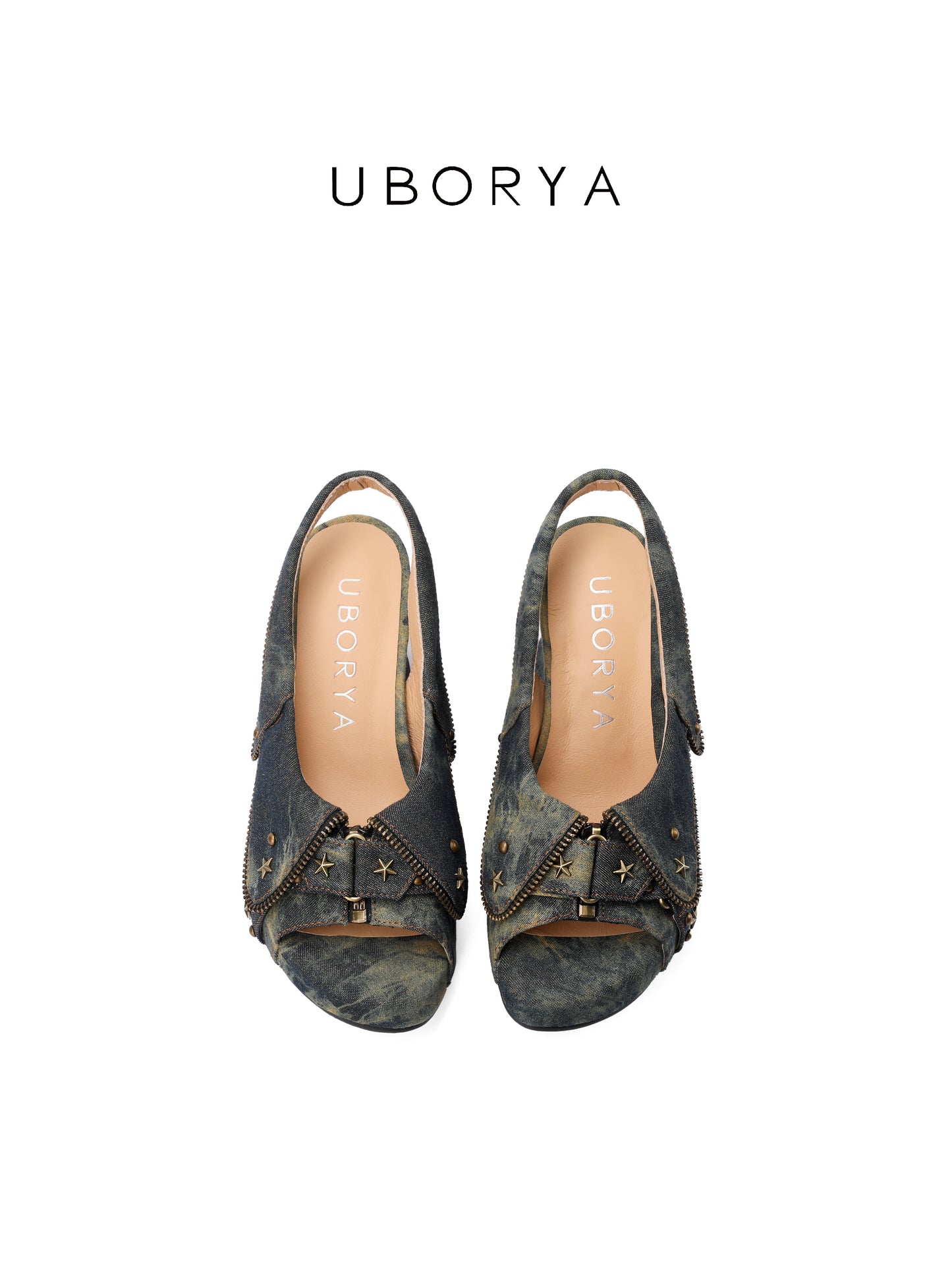 UBORYA Washed Denim Platform Slingback Heels - Peep Toe Star Stud Zipper Detail Sculptural Heel Sandals