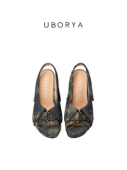 UBORYA Washed Denim Platform Slingback Heels - Peep Toe Star Stud Zipper Detail Sculptural Heel Sandals