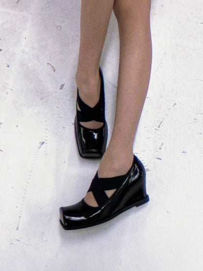 UBORYA Black Patent Square-Toe Wedge Pumps with Elastic Crisscross Straps – Architectural Heels for Women | Minimalist Avant-Garde Footwear | Sleek Power Wedges