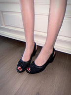 UBORYA Black Lace Slingback Peep-Toe Wedge Sandals with Bow Details