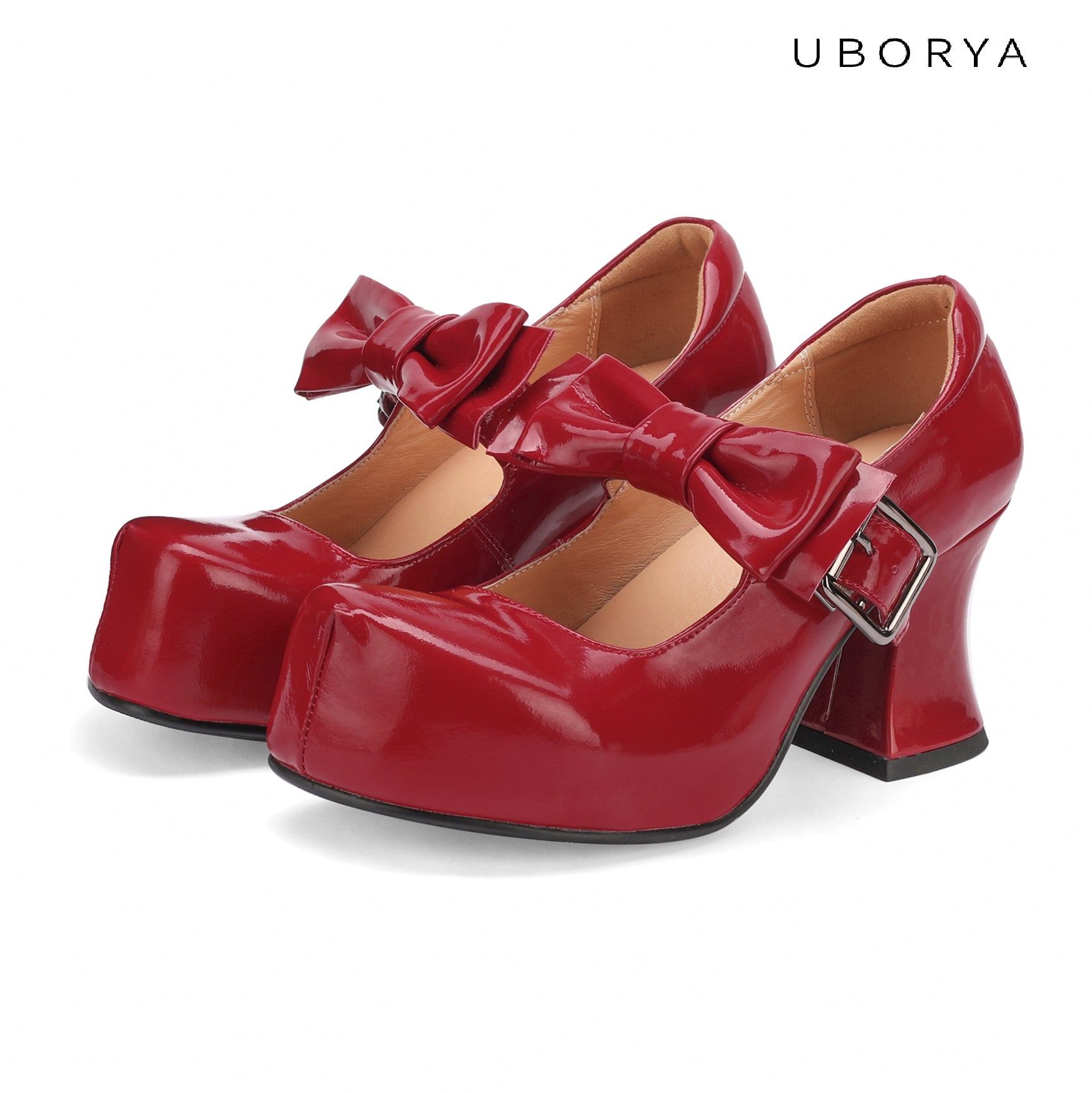 UBORYA Red Patent Leather Mary Jane Platform Heels, Sweet & Bold Oversized Bow & Buckle Round Toe