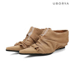 UBORYA Beige Pointed Toe Ankle Boots Ruched Texture Low Block Heel