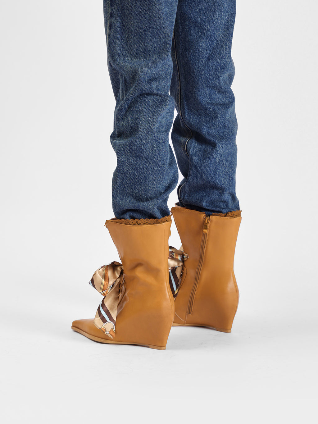 UBORYA Tan Leather Lace Up Wedge Boots Scarf Bow Pointed Toe Mid Calf Boots