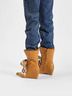 UBORYA Tan Leather Lace Up Wedge Boots Scarf Bow Pointed Toe Mid Calf Boots
