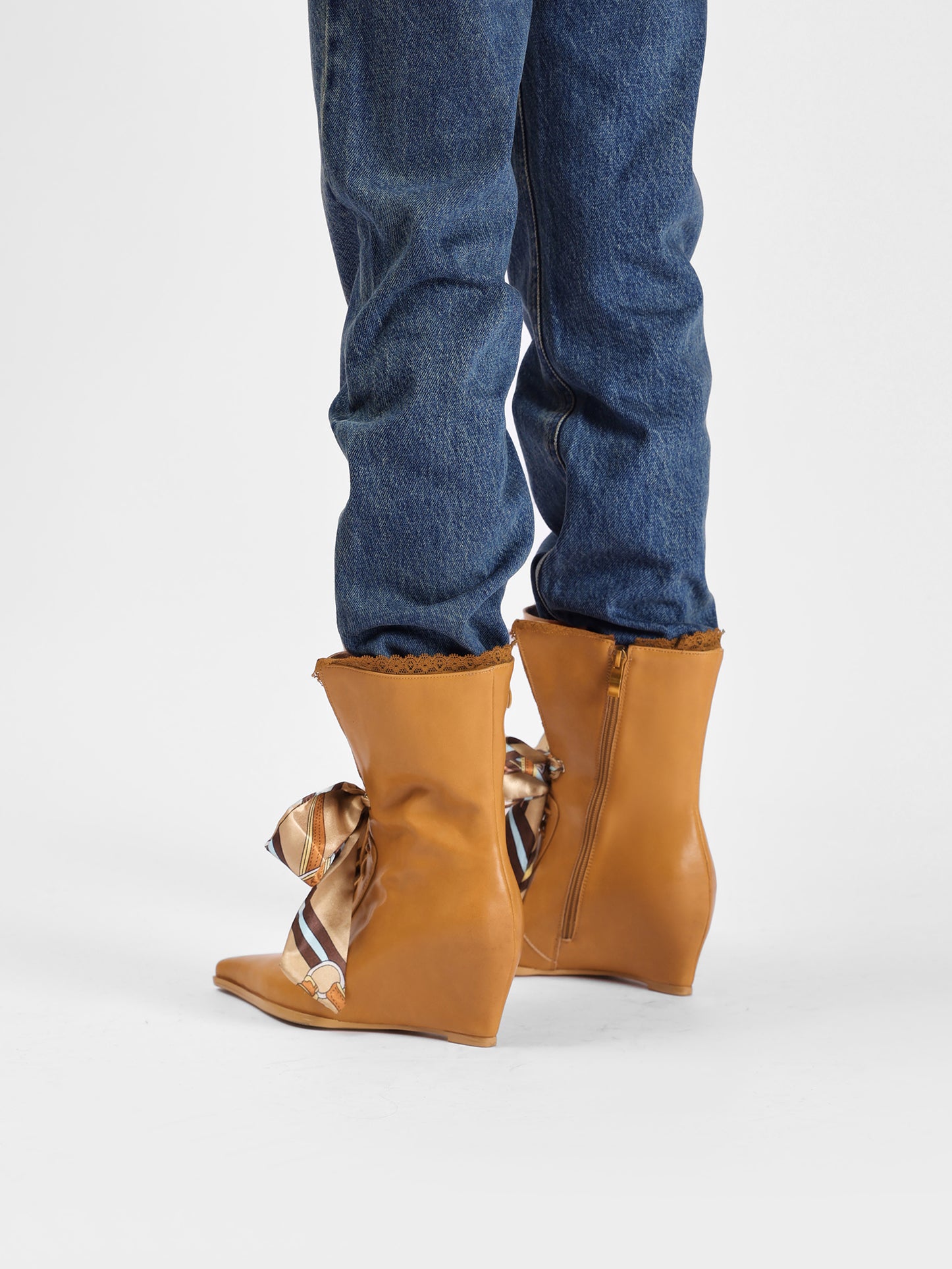 UBORYA Tan Leather Lace Up Wedge Boots Scarf Bow Pointed Toe Mid Calf Boots