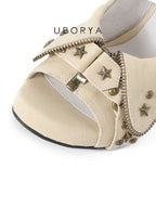 UBORYA Beige Canvas Platform Slingback Heels with Star Studs