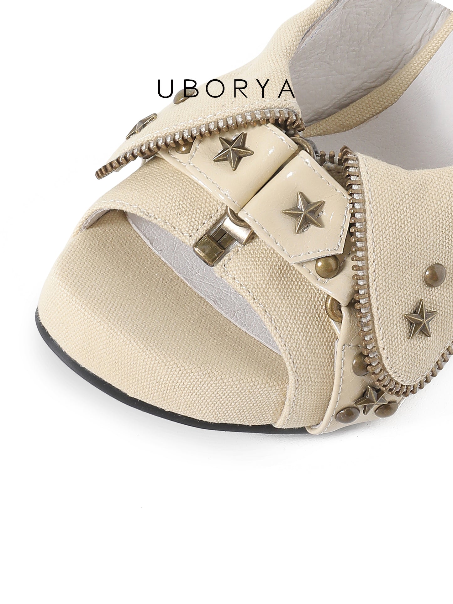 UBORYA Beige Canvas Platform Slingback Heels - Peep Toe Star Stud Zipper Detail Sculptural Heel Sandals