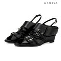 UBORYA Black Leather Braided Slingback Wedge Sandals