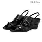 UBORYA Black Leather Braided Slingback Wedge Sandals