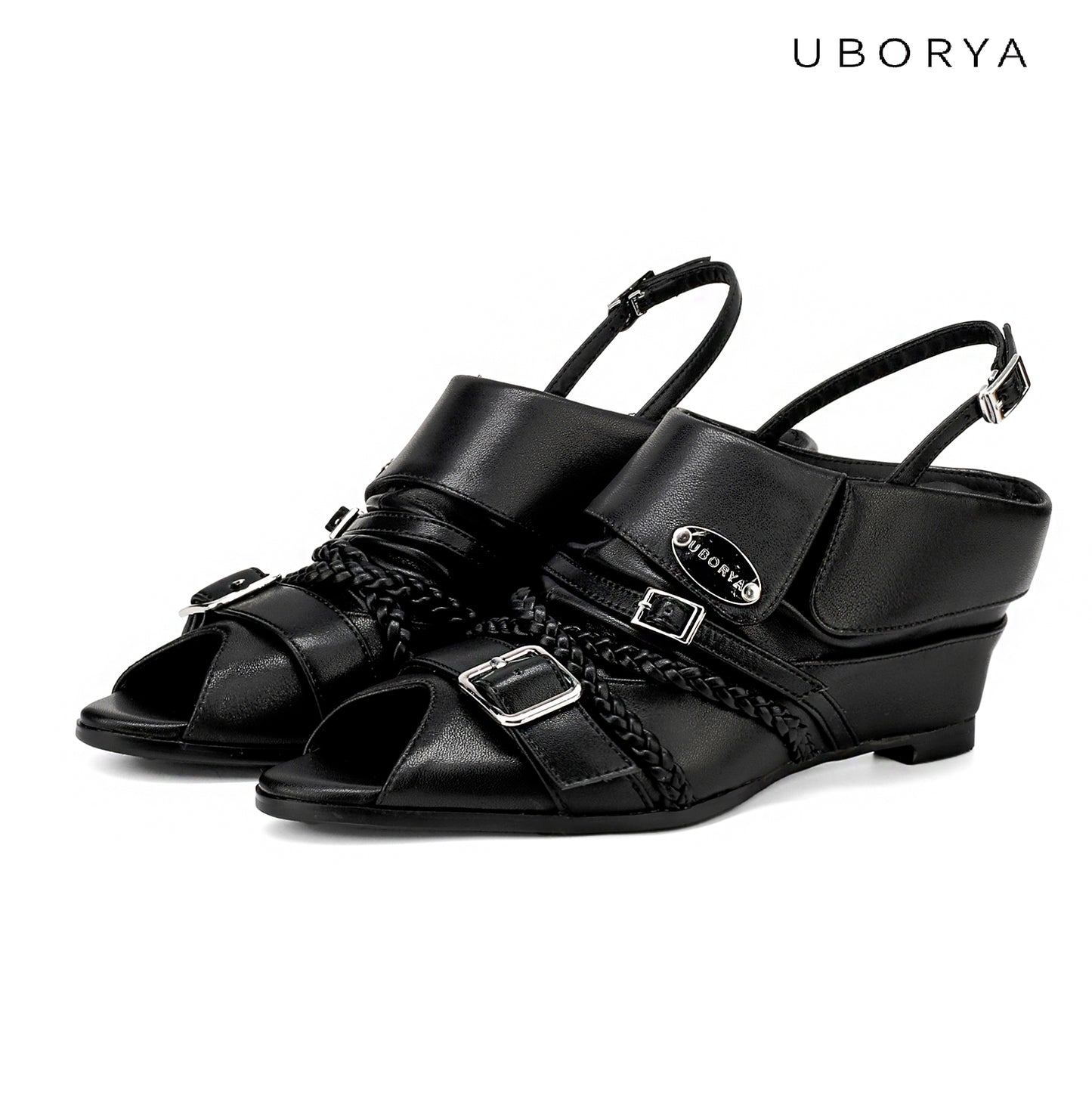 UBORYA Black Leather Slingback Peep-Toe Shoes with Braided Straps & Silver Buckles – Low Wedge Heel Pumps for Women | Edgy Utility Sandals | Punk Glam Footwear