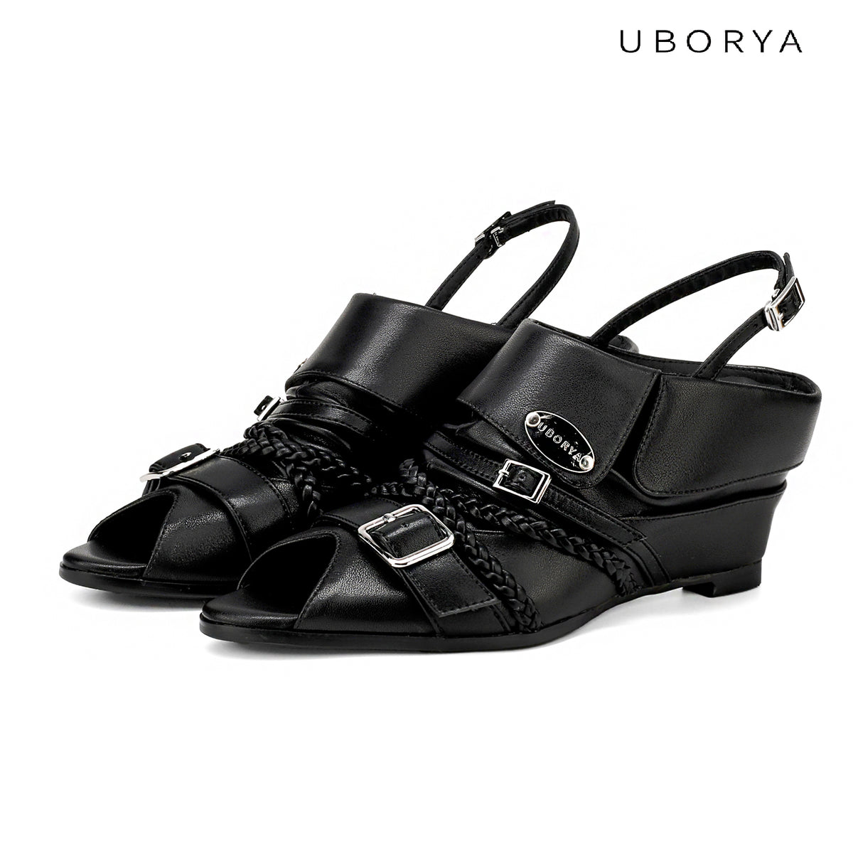 UBORYA Black Leather Braided Slingback Wedge Sandals