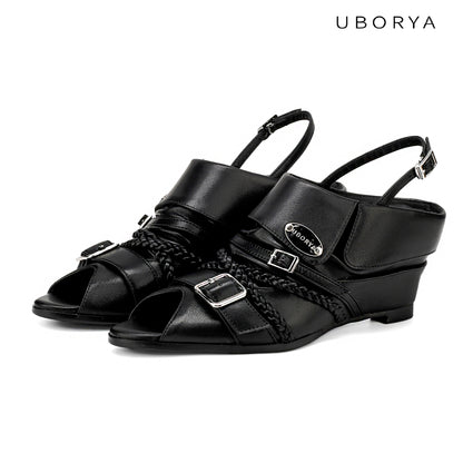 UBORYA Black Leather Slingback Peep-Toe Shoes with Braided Straps & Silver Buckles – Low Wedge Heel Pumps for Women | Edgy Utility Sandals | Punk Glam Footwear