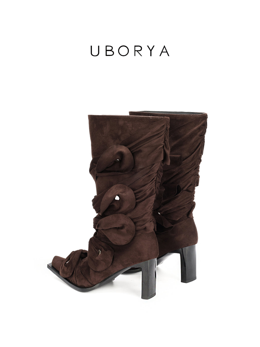 UBORYA Brown Suede Ruched Mid Calf Boots 7cm Block Heel Knot Detail