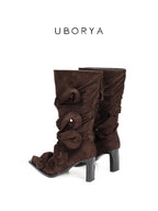 UBORYA Brown Suede Ruched Mid Calf Boots 7cm Block Heel Knot Detail