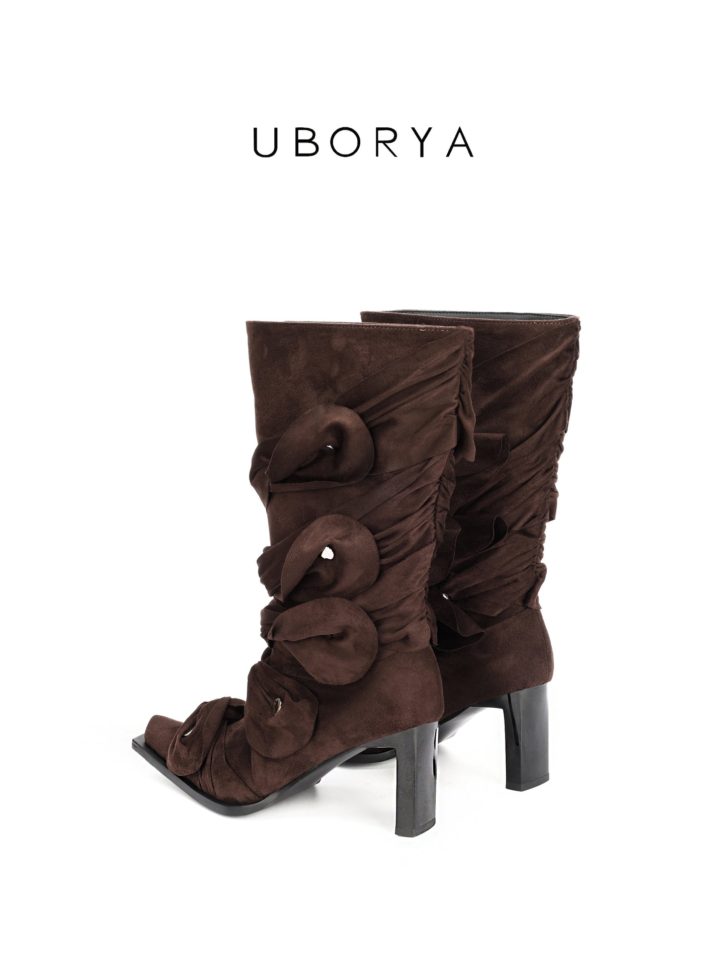 UBORYA Brown Suede Ruched Mid-Calf Boots for Women | 7cm Block Heel Sculptural Boots with Knot Detail | Faux Suede | Edgy Boho Modern Style