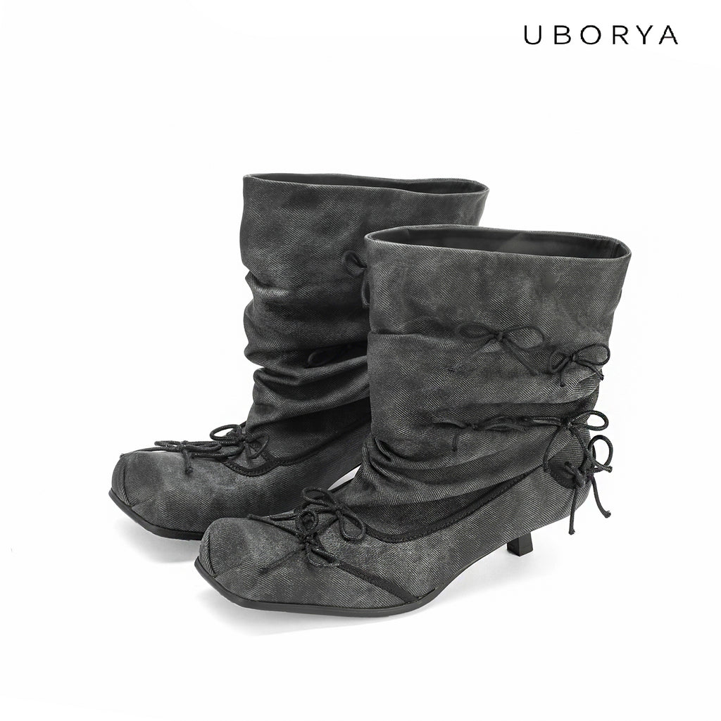 UBORYA Grey Denim Slouchy Bow Ankle Boots with Square Toe