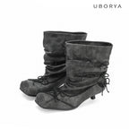 UBORYA Grey Denim Slouchy Bow Ankle Boots with Square Toe