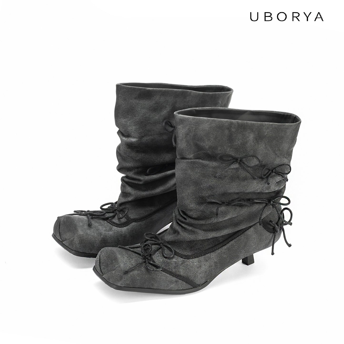 UBORYA Grey Denim Slouchy Ankle Boots with Bows – Square Toe Kitten Heel Booties for Women | Ruched Shaft | Mini Bow Accents | Grunge Y2K Denim Boots