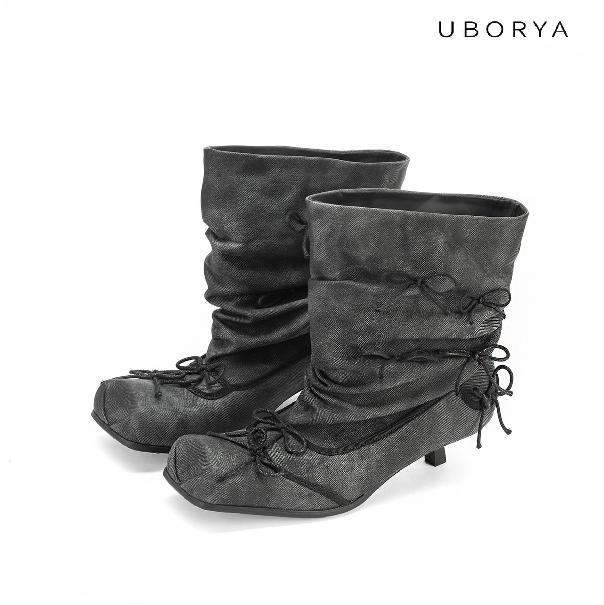 UBORYA Grey Denim Slouchy Bow Ankle Boots with Square Toe