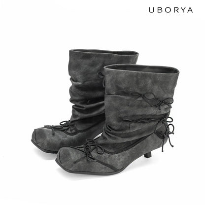 UBORYA Grey Denim Slouchy Ankle Boots with Bows – Square Toe Kitten Heel Booties for Women | Ruched Shaft | Mini Bow Accents | Grunge Y2K Denim Boots