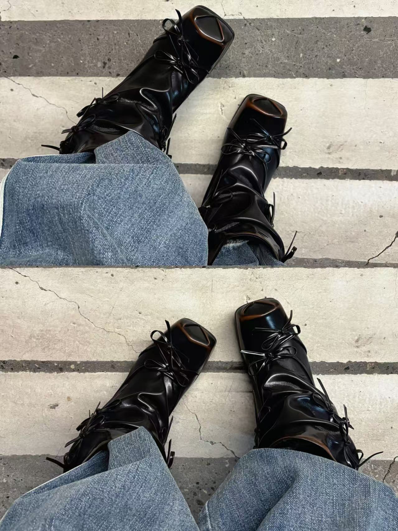 UBORYA Black Slouchy Ankle Boots with Bows – Distressed Square Toe Heeled Boots for Women | Ruched Shaft | Mini Bow Accents | Grunge Avant-Garde Booties