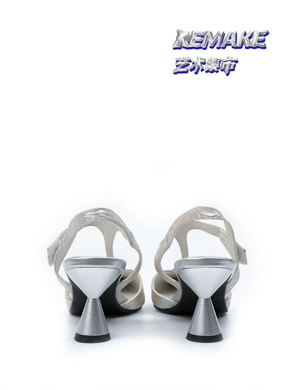 UBORYA Silver Floral Leather T Strap Slingbacks Blue Ombre Sculptural Kitten Heel