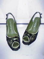 UBORYA Olive Green Lace Slingback Wedge Sandals with Bow Details