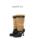 UBORYA Tan Suede Slouchy Knee-High Boots with Black Buckle Straps