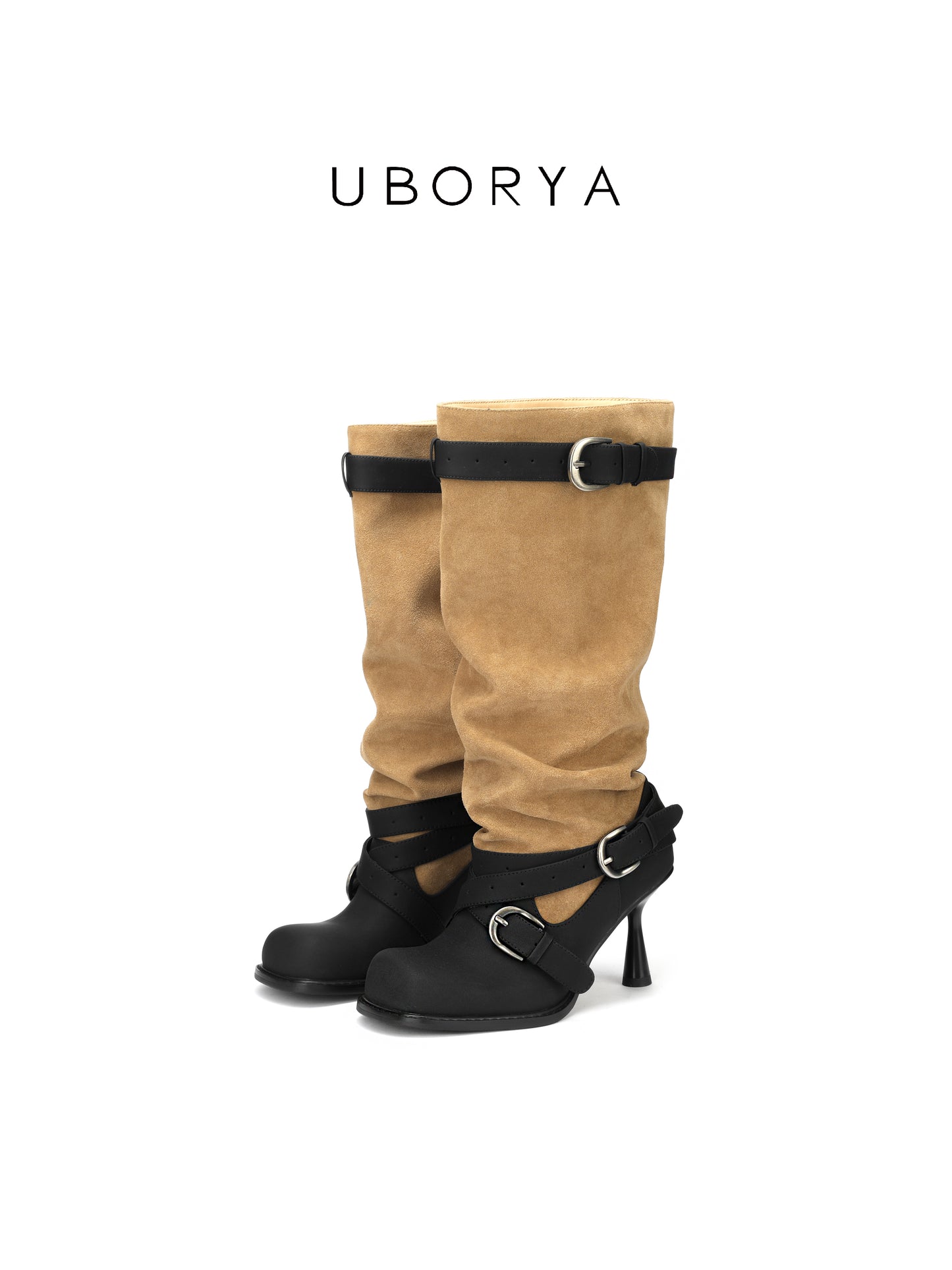 UBORYA Tan Suede Slouchy Knee-High Boots with Black Buckle Straps – Sculptural Kitten Heel Boots for Women | Two-Tone Western Punk Booties