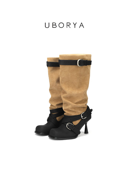 UBORYA Tan Suede Slouchy Knee-High Boots with Black Buckle Straps – Sculptural Kitten Heel Boots for Women | Two-Tone Western Punk Booties