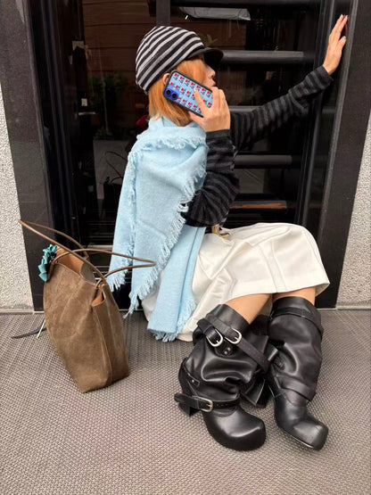 UBORYA Black Slouchy Ankle Boots with Buckle Straps – Sculptural Chunky Heel Platform Boots for Women | Square Toe | Ruched Shaft | Punk Avant-Garde Booties