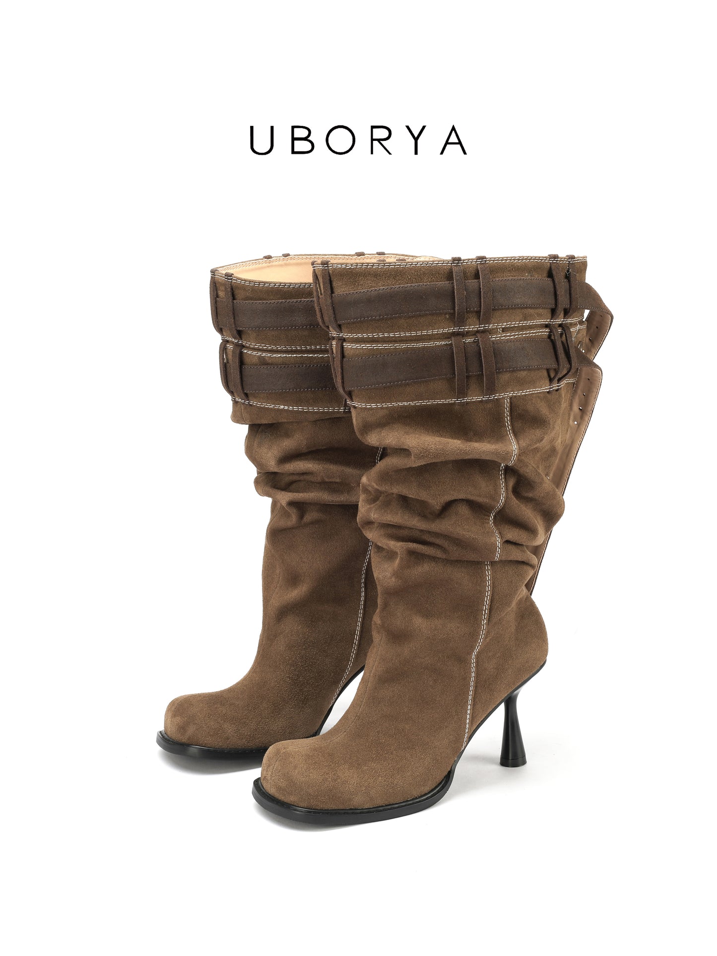 UBORYA Brown Suede Slouchy Knee-High Boots with Folded Buckle Cuff – Sculptural Kitten Heel Boots for Women | Contrast Stitch | Western Utility Harness Booties