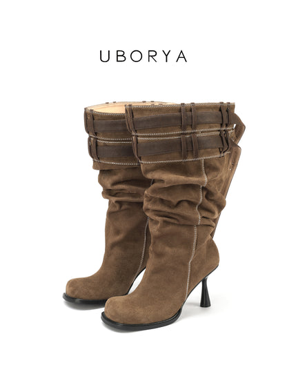 UBORYA Brown Suede Slouchy Knee-High Boots with Folded Buckle Cuff – Sculptural Kitten Heel Boots for Women | Contrast Stitch | Western Utility Harness Booties