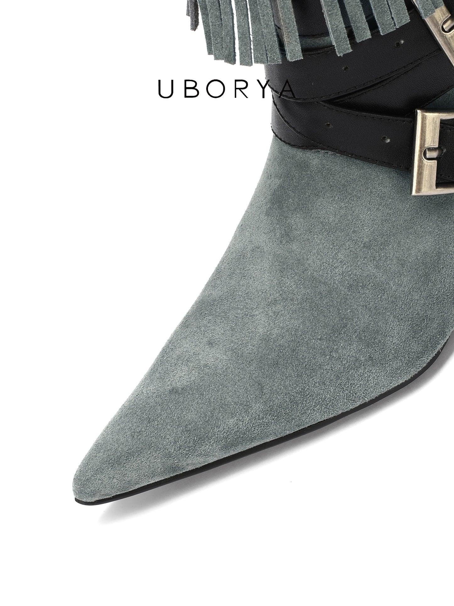 UBORYA Grey Blue Suede Fringe Mid-Calf Boots with Buckle Straps – Sculptural Wedge Heel Boots for Women | Pointed Toe | Western Avant-Garde Booties