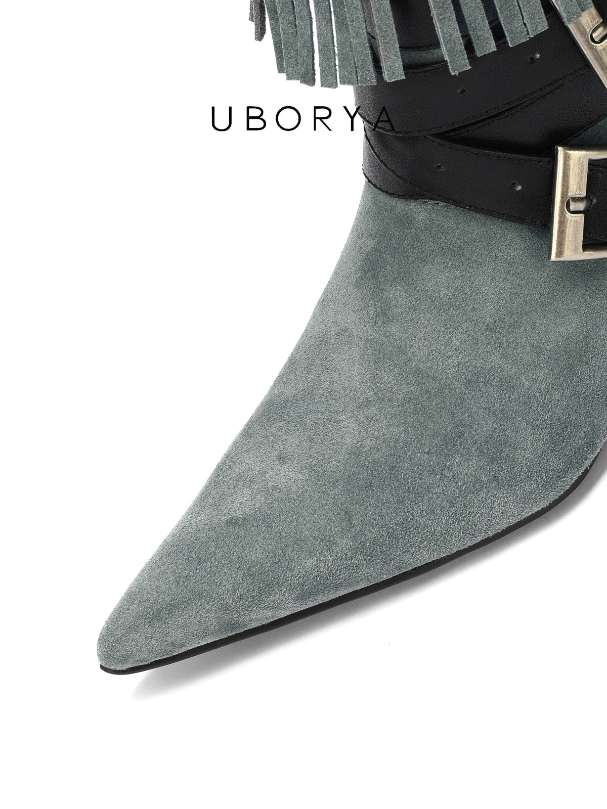 UBORYA Grey Blue Suede Fringe Mid-Calf Boots with Buckle Straps