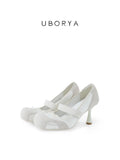 UBORYA Off‑White Mary Jane Stiletto Heels, Suede Mesh Panel Bow Detail