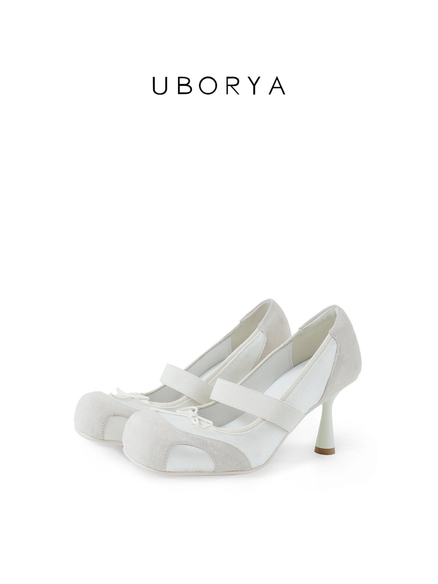 UBORYA Off-White Mary Jane Stiletto Heels - Suede Mesh Panel Round Toe Bow Detail Pumps