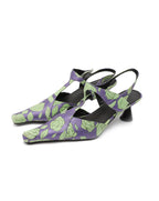 Purple Green Rose Print Leather T-Strap Slingbacks - Pointed Toe Kitten Heel Sandals