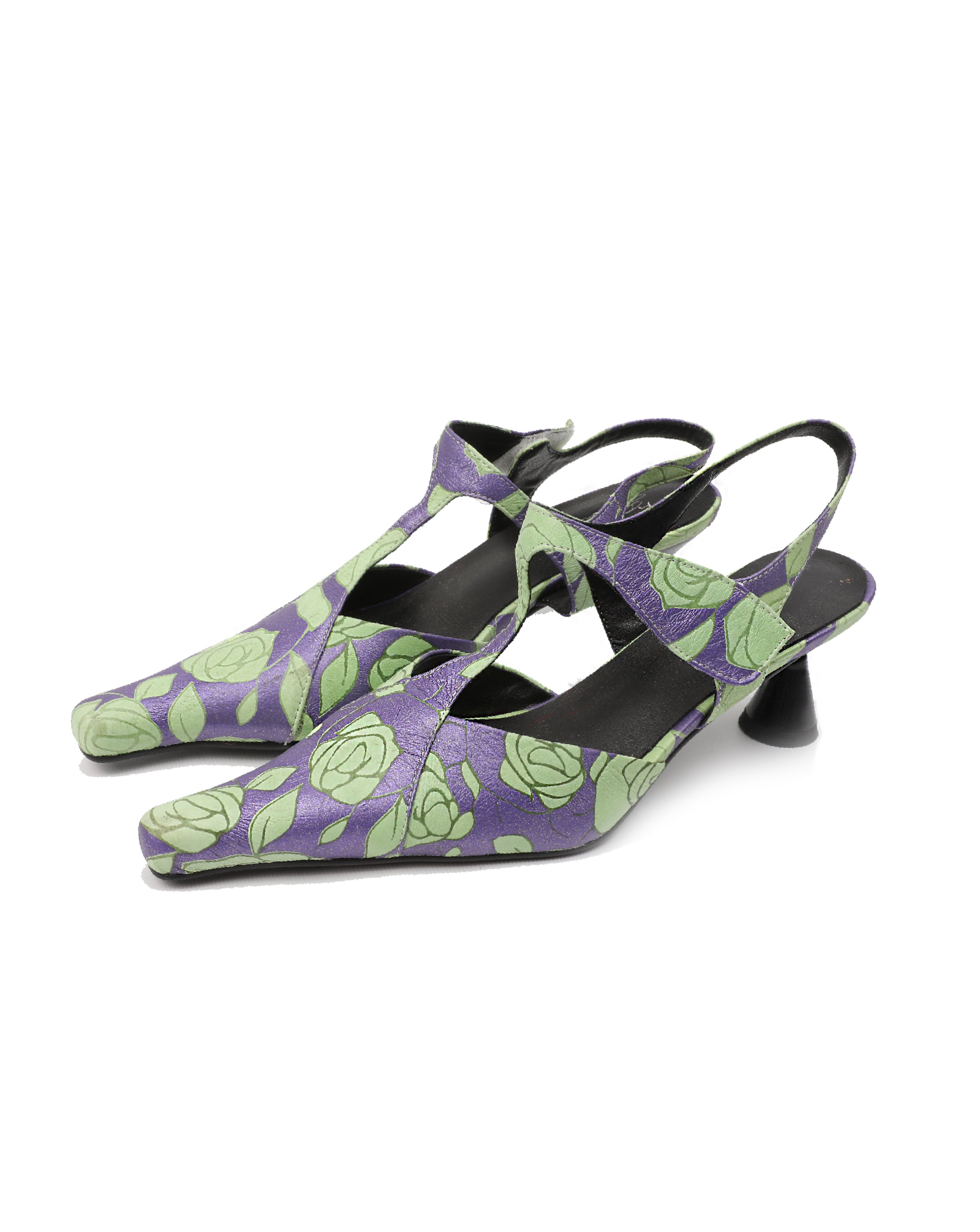 Purple Green Rose Print Leather T-Strap Slingbacks - Pointed Toe Kitten Heel Sandals