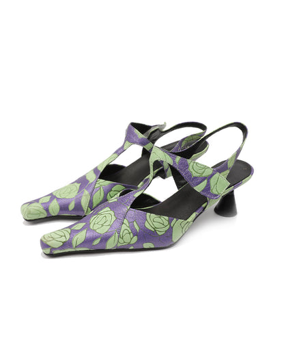 Purple Green Rose Print Leather T-Strap Slingbacks - Pointed Toe Kitten Heel Sandals
